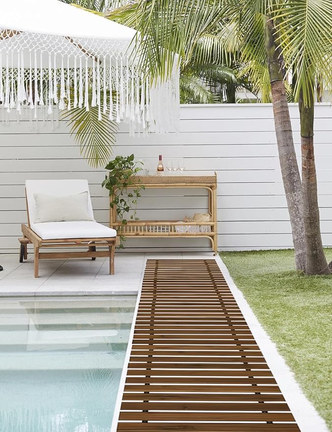 8FT Wooden Garden Pathway, Outdoor Roll Out Decorative Straight Walkway with 8 Stakes, Weather-Resistant and Non-Slip Pavers Boardwalk for Patio, Garden, Backyard, Beach, Wedding Party