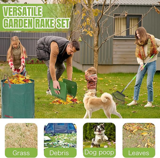 JOYHALO 65 Inch Rake for Leaves, 25 Tines Metal Leaf Rake Set with 32 Gallon Leaf Bags Scoops, Garden Rakes 18in Wide, Rakes for Gardening Lawns Yard Outdoor Camping Shrub Grass Bush