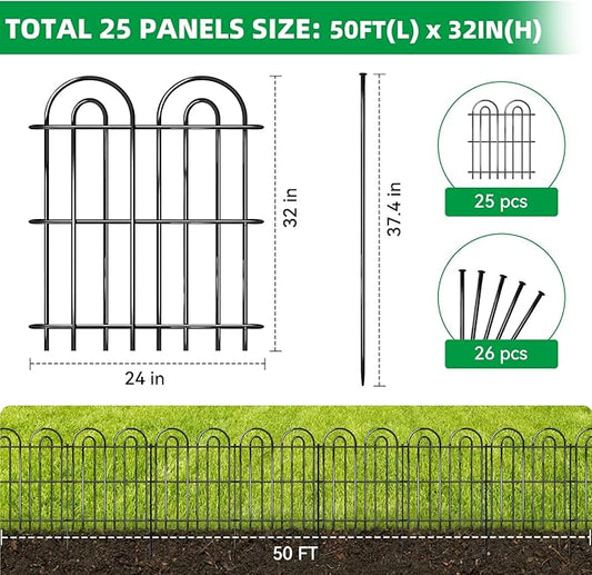 25 Panels Decorative Garden Fence, 32 in(H) X 50 ft(L) No Dig Dog Fence Outdoor for Yard, Rustproof Tall Metal Garden Fencing Animal Barrier with Ground Stakes, Temporary Fencing for Patio Outdoor