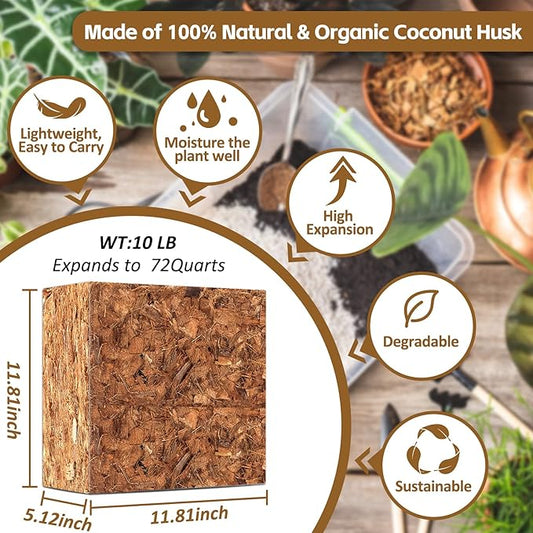 Riare 10LBS Coco Chips Substrate for Plants- 100% Organic Coconut Husk Chips with Low EC and pH Balanced, High Expansion Coconut Substrate Coco Husk Mulch for Garden Flowers, Herbs, Planting