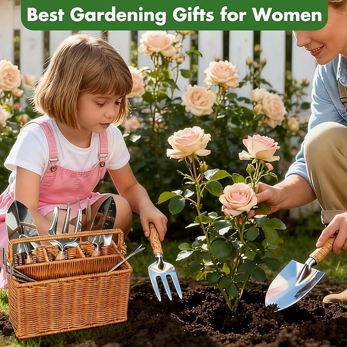 Gardening Gifts for Women 12 Pcs Garden Tools Set with Basket Heavy Duty Gardening Hand Tool with Wood Handle Gardener Lady Plant Lover Gifts Wife Mom Grandma Mothers Day Birthday