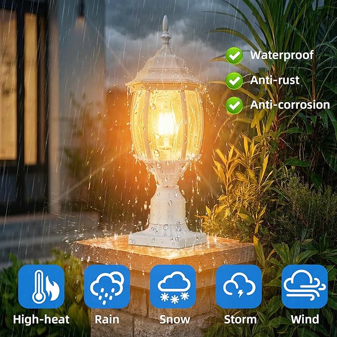 17” White Outdoor Post Light Fixture, Pole Mount Outside Light for Garden Entrance Driveway White Pillar Lantern 17 Inch Pier Mount Outdoor Lamp Post for Front Yard