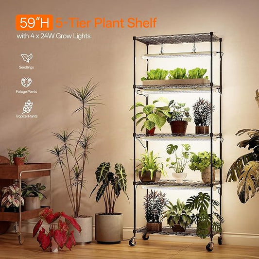 Bstrip Plant Shelf with Grow Light with Timer, Metal Plant Stand with Adjustable Rack and Wheels, 4 Pack T8 Full Spectrum Grow Light Strip for Indoor Plants, Seed Starting, Seed Tray, 23.5"x13.8"x59"