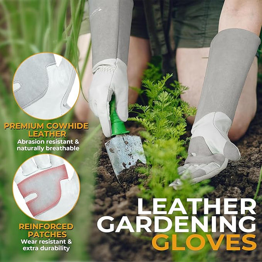 HANDLANDY Long Gardening Gloves for Men Women, Thorn Proof Rose Pruning Leather Garden Yard Gauntlet Glove, Gardening Gifts