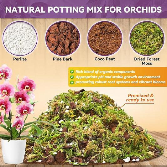 Riare 4QT Orchid Potting Mix for Repotting- Orchid Repotting Kit Include Moss, Pine Bark, Perlite, Coco Peat- Premium Orchid Soil Medium for Indoor Potted Plants Root Ventilation & Expanding