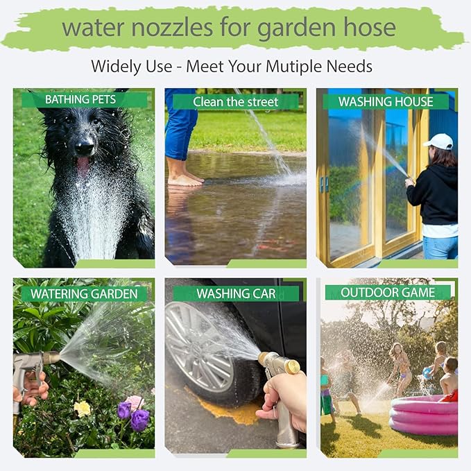 Garden hose nozzle spray,all metal heavy-duty hand-held high-pressure water nozzle,with a variety of adjustable spray modes,suitable for watering plants, yards, car washes,pets and windows
