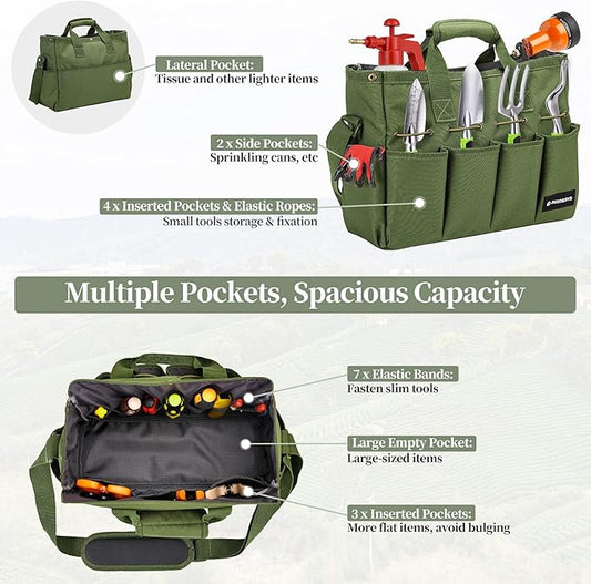Garden Tote Bag, Gardening Tool Bag Organizer with Pockets & Handle, 900D Heavy Duty Garden Storage Bag with Long Adjustable Shoulder Strap for Tools, Green