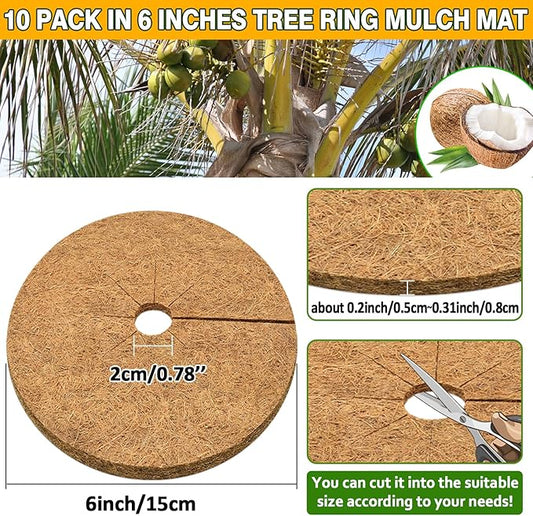 ZeeDix 10 Pack Coconut Fiber Mulch Ring, 6 Inch Coco Coir Tree Ring Mulch Mat, 100% Natural Tree Protector Mat Plant Cover Ring Coconut Coir Discs Tree Mats Mulch Rings for Indoor Outdoor Trees Plants