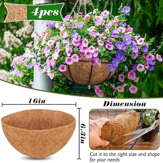 ZeeDix 16 Inch Coco Liners for Hanging Baskets, 4 Pcs Round Coco Liner 100% Natural Coco Fiber Basket Coconut Replacement Liner for Hanging Baskets Planters Flowers Vegetables(16in-4pcs)