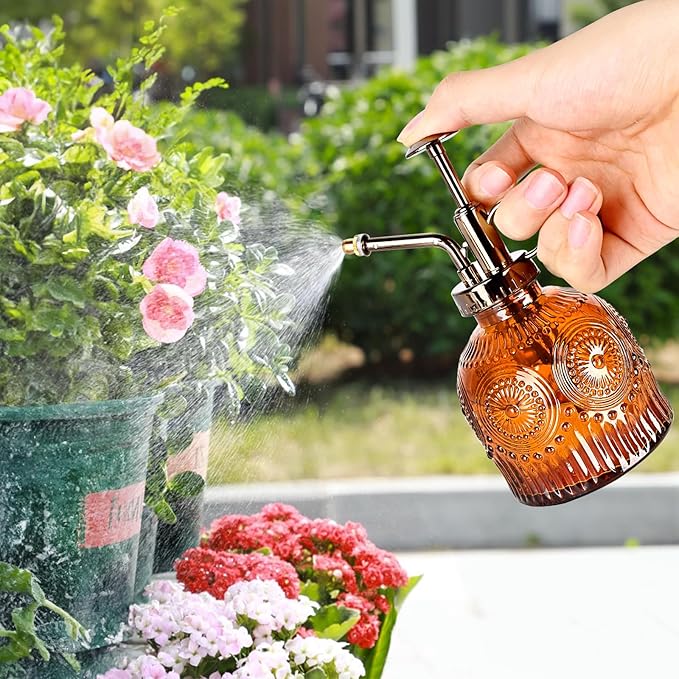 Glass Plant Mister Spray Bottle, 230ML Vintage Plant Spritzer, Succulent Watering Bottle Glass with Top Pump, Small Plants Sprayer Watering Can for Indoor Outdoor House - Brown