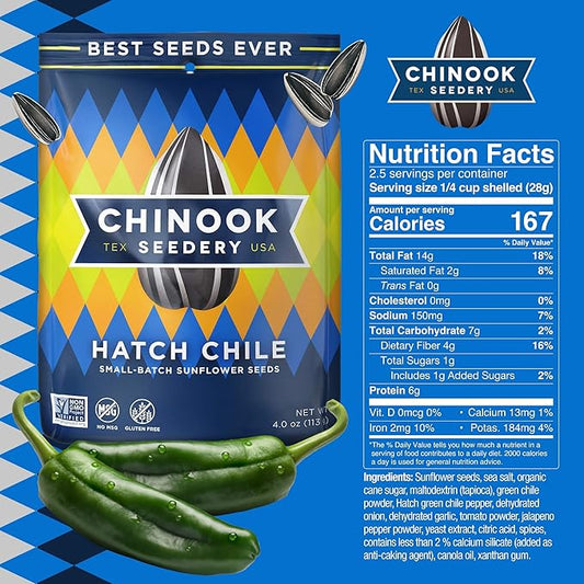 Chinook Seedery Roasted Sunflower Seeds - Jumbo Seeds Keto Snacks - Best For Snack Packs - Gluten Free, Non GMO Snack Food Gifts - 4 Ounce (Pack of 3) - Hatch Chile Flavor Pack