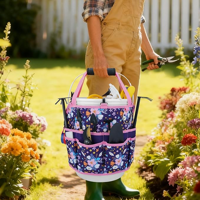 KUNN 5 Gallon Bucket Tool Organizer 18-Pocket Heavy-Duty Bucket Caddy with Hangable Handle & Comfort Grip Pad | Gardening Tool Bag, Garden Organizer Storage Bag Accessory for Gardeners, Purple