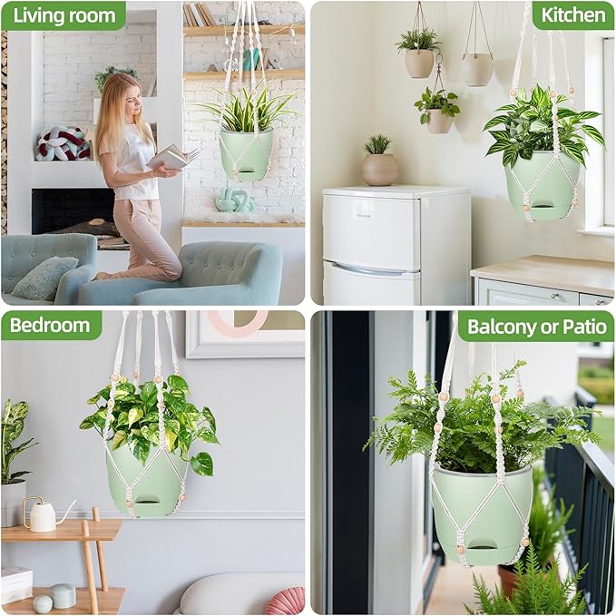 2-Pack 5.7-Inch Self-Watering Hanging Planters for Indoor & Outdoor Plants,34Inch Macrame Hanger Plant Pots Indoor with Drainage,Small Hanging Planters & Baskets,With Two Sets of Hooks(Pure green)