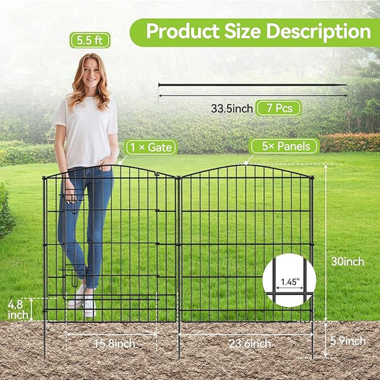 INJOPEXI Decorative Garden Fence 6 Panels 11.8ft (L)×30in (H) Garden Fence No Dig Animal Barrier Fencing with 5 Panels + 1 Gate Rustproof Metal Wire Temporary Dog Fence Border for Patio Outdoor Yard