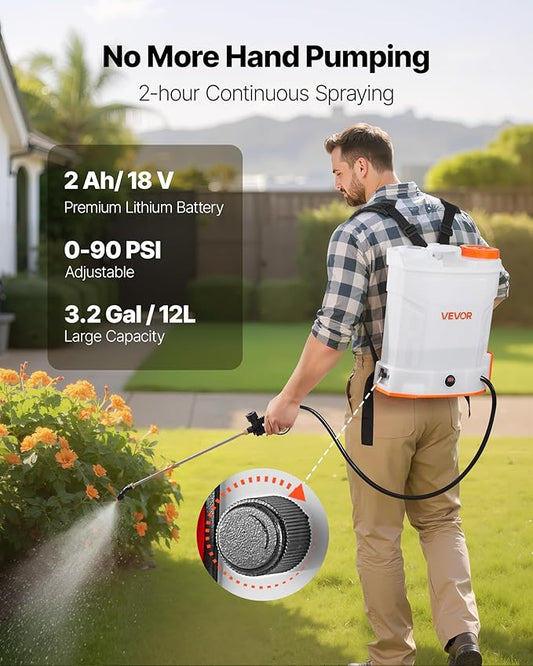 VEVOR Battery Powered Backpack Sprayer, 3.2 Gal Powerful Electric Backpack Sprayer, 2 Retractable Wands & 5 Nozzles, Adjustable 0-90 PSI, 2 Hour Runtime, Portable Weed Sprayers for Yard Garden Lawn