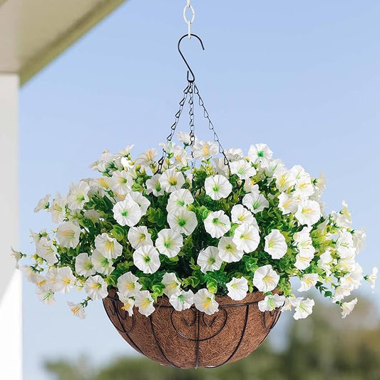 Artificial Fake Hanging Flowers Plants Baskets Spring Outdoor Decor, Outdoor Faux Silk White Morning Glory Eucalyptus in Planter UV Resistant Realistic for Outside Porch Patio Balcony Garden Yard Home