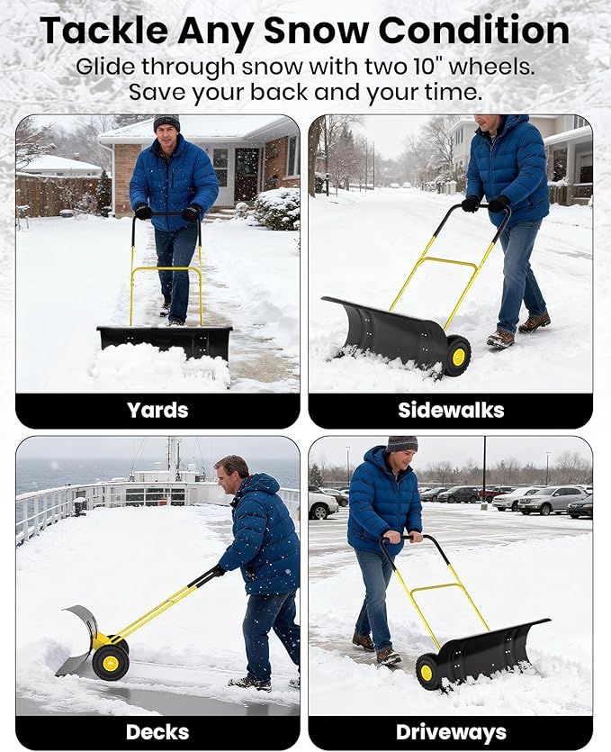 36” Snow Shovel for Driveway,Heavy Duty Wheeled Rolling Shovels 5 Position Angled Blade, Ergonomic Handle & Rubber Wheels for Efficient Snow Removal, Snow Plow for Doorway,Driveway and Sidewalks