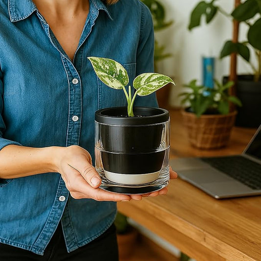 D'vine Dev 4 Inch Design Self Watering Planter for Indoor Plants, Black Terracotta Pot with Cylinder Glass Cup, Set of 4, 37-Z-A-3-F