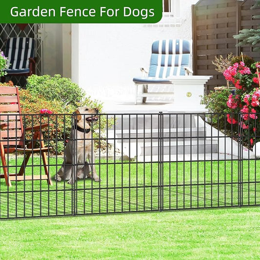 Metal Garden Fence 28in (H) x 35ft (L), 15 Panels + 16 Stakes Dog Fence Border Fence Animal Barrier, No Dig Garden Fencing for Yard Flower Bed Lawn Patio Outdoor, PIN282815 Black