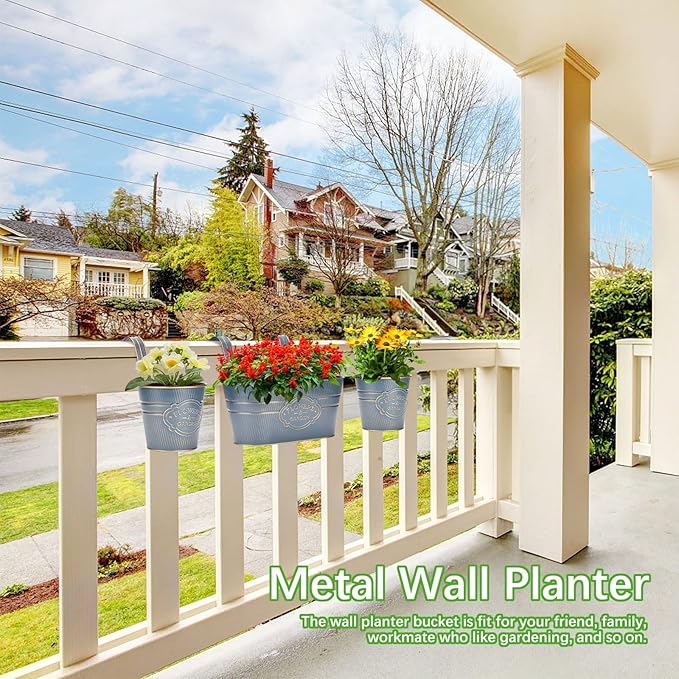 PerGar Vintage Metal Iron Wall Hanging Flower Pots, Rustic Planter Bucket Herb Flower Plant Holder with Detachable Hooks & Drainage Hole for Railing Fence Balcony Deck Garden Home Decoration, Set of 3