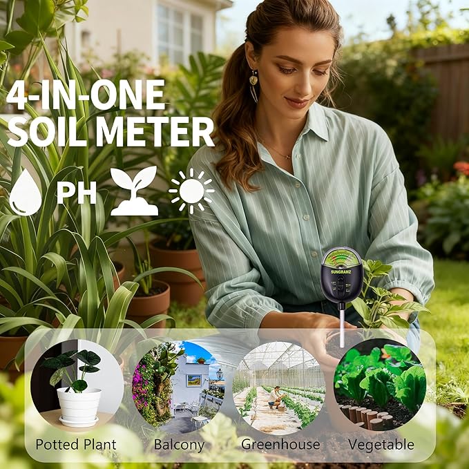 Soil Moisture Meter for Plants, 4-in-1 Moisture/pH/Fertility/Sunlight Dial Display, pH Soil Tester for Garden, Lawn, Farm, Indoor & Outdoor Use, No Battery Required, Black