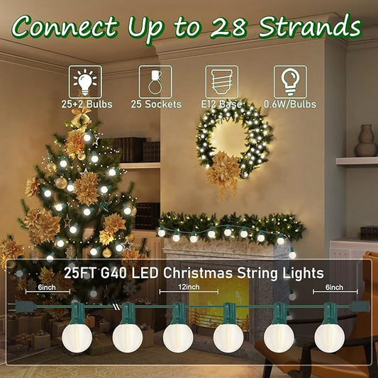 G40 25FT LED Outdoor Christmas String Lights,Frosted Globe Lights with 27 (2 Spare) Plastic Shatterproof Round Bulbs