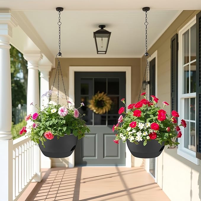 2 Pack 12 Inch Large Hanging Planters with Chains Self Watering Black Plastic Hanging Pots for Indoor Outdoor Plants, Garden Porch Home Decor,Black
