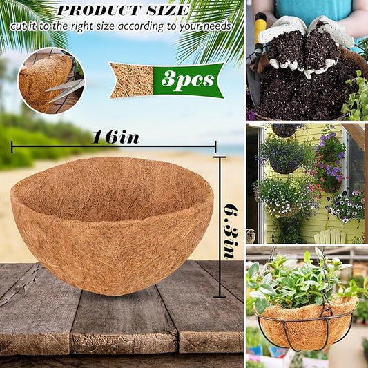 ZeeDix 16 Inch Coco Liners for Hanging Baskets, 3 Pcs Round Coco Liner 100% Natural Coco Fiber Basket Coconut Replacement Liner for Hanging Baskets Planters Flowers Vegetables(16in-3pcs)