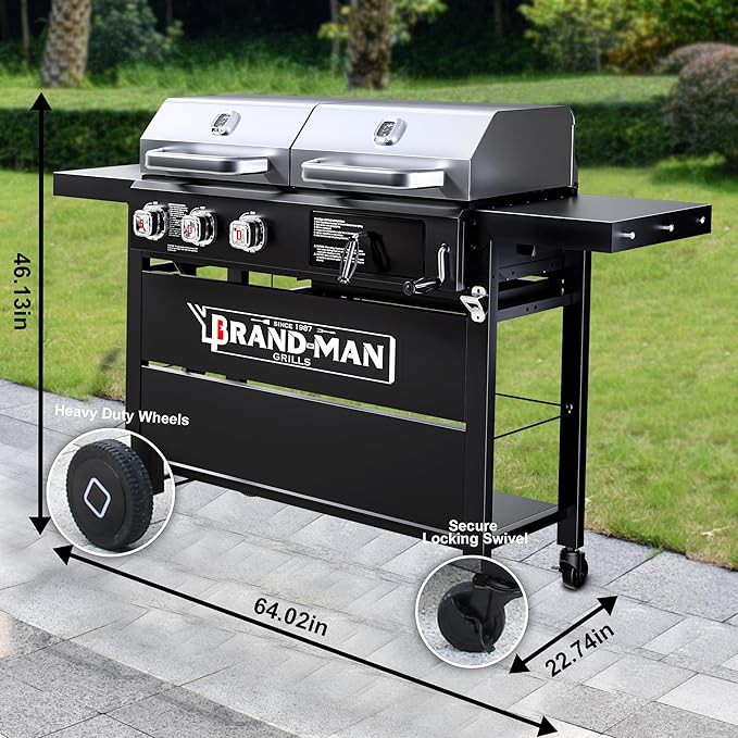 Brand-Man Propane Gas and Charcoal Grill Combo, Dual Fuel BBQ Combo Grill with Stainless Steel Dual Lids & 2 Side Shelves for Outdoor Kitchen & Backyard Barbecue Cooking