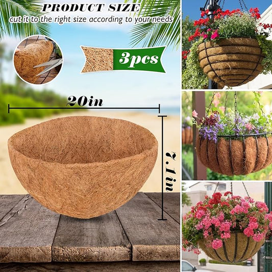ZeeDix 20 Inch Coco Liners for Hanging Baskets, 3 Pcs Round Coco Liner 100% Natural Coco Fiber Basket Coconut Replacement Liner for Hanging Baskets Planters Flowers Vegetables(20in-3pcs)
