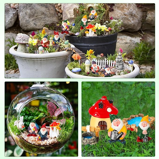 Unittype 19 Pcs Gnome Garden Accessories Tiny Fairy Gnome Figurines Miniature Bridge Mushroom Lighthouse Water Well Pond Resin Garden Decorations Miniature Figurines for Craft