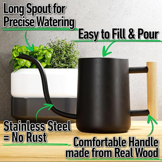 35 Ounce Metal Small Indoor Watering Can with Long Spout & Real Wood Handle for House Plants, Succulents, Cacti & Seedlings - Black Long Spout Watering Can Indoor Plants - Gentle Flow & No Spills