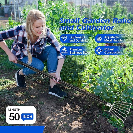 Rake for Leaves Small, Metal Leaf Rakes for Gardening Thatching Weeding Tilling Soil Planting, Hand rake Garden Tool for Cleaning Debris, Weed, Grass in Lawn, Yard, Flower Beds, Landscape