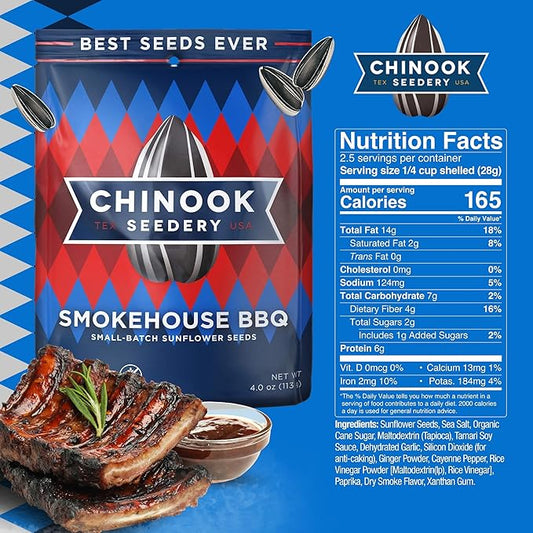 Chinook Seedery Roasted Sunflower Seeds - Jumbo Seeds Keto Snacks - Best For Snack Packs - Gluten Free, Non GMO Snack Food Gifts - 4 Ounce (Pack of 3) - Smokehouse BBQ Flavor Pack