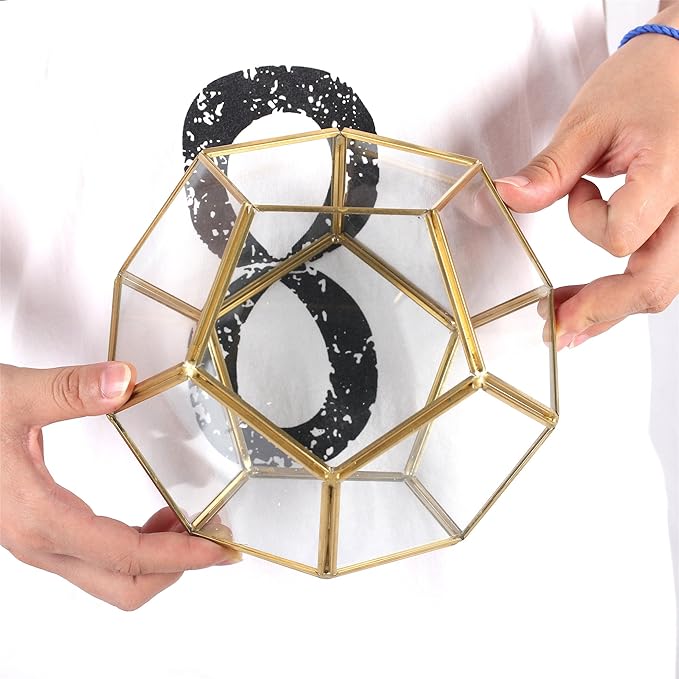 NCYP Glass Terrarium for Small Cactus, Succulents - Gold Geometric Planter Pot, Home Office Tabletop Miniature Garden Decor, 6.89 x 6.89 x 5.9 Inches, Handmade (No Plants, No Door)