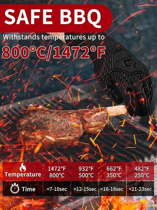 BBQ Oven Gloves 1472℉ Heat Resistant Oven Mitts Silicone Non-Slip Cooking Gloves for Barbecue, Grilling, Baking, Welding, Smoker (A Pair) (Black)