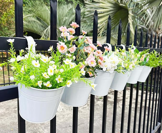 Pack of 4 Hanging Flower Pots, 6" White Metal Balcony Planters for Herb Succulent, Samll Railing Fence Hanging Bucket for Outdoor/Indoor Decoration (White, Pack of 4)