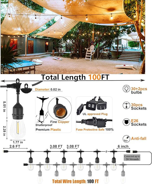 Outdoor Patio String Lights 100FT Waterproof IP65 Heavy Duty String Lights for Outside Lights for Yard with 30+2 Shatterproof 2200K LED Bulbs Connectable