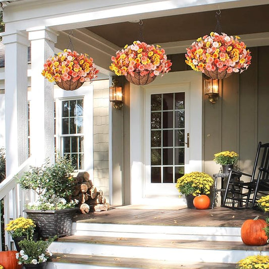 Artificial Fake Hanging Flowers with Basket for Fall Decoration, 12 Bundles Faux Silk Morning Glory Plants for Outdoor Planters, Realistic UV Resistant Artificial Flowers for Outside Porch Garden