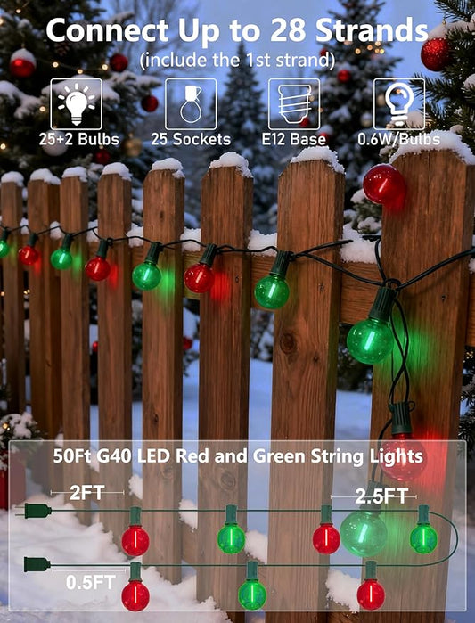 50Ft Clear Red and Green Outdoor LED Lights,G40 Globe Patio Christmas String Lights with 25 Colorful Bulbs(2 Spare),Outside Christmas Hanging Lights for Christmas Tree Roofline Holiday Party