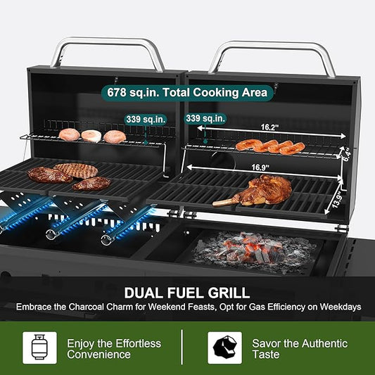 Brand-Man Propane Gas and Charcoal Grill Combo,Grill and Griddle Combo Dual Fuel BBQ Grill with Dual Lids for Outdoor Barbecue, Black