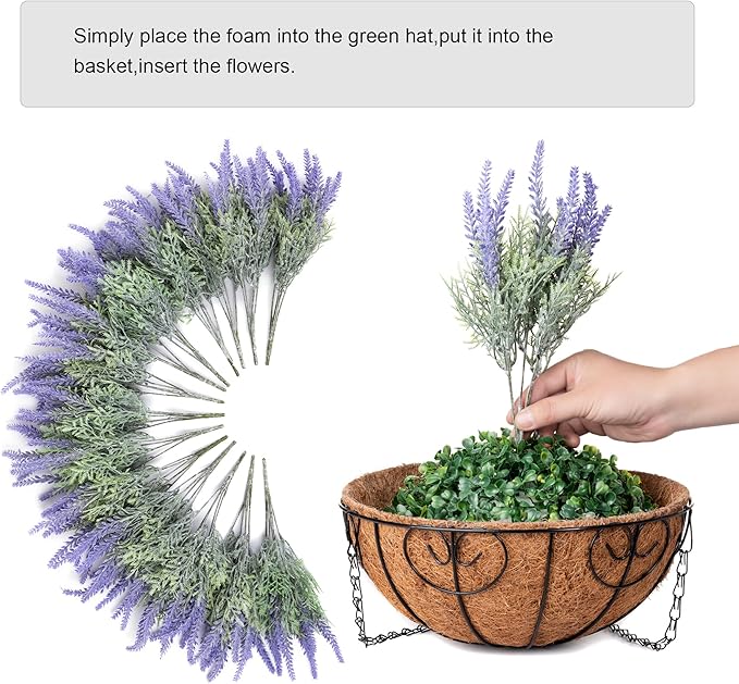 Ivydale Artificial Faux Outdoor Hanging Flowers Plants Basket for Porch Spring Decoration, 12 Bundlies Fake UV Resistant Lavender with Coconut Lining Baskets for Home Patio Balcony Yard