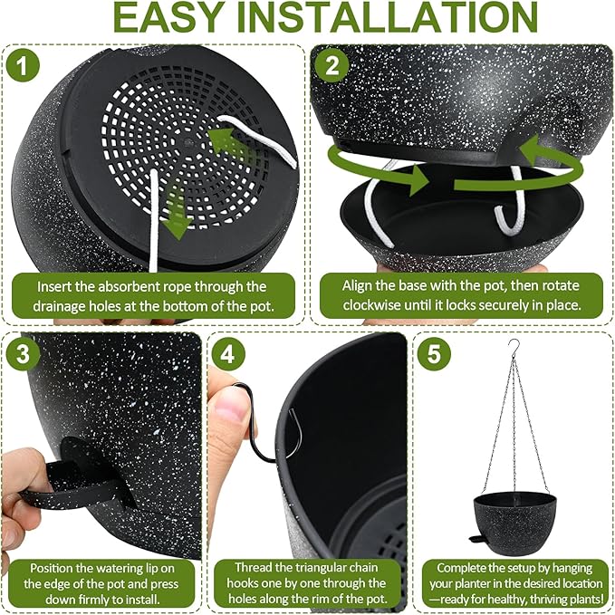 WOUSIWER Self Watering Hanging Planters, 2 Pack 12'' Plastic Pots with Drainage Holes & Reservoir Tray (Speckled Black) | Indoor & Outdoor Use for Ferns, Ivy, Herbs, Succulents