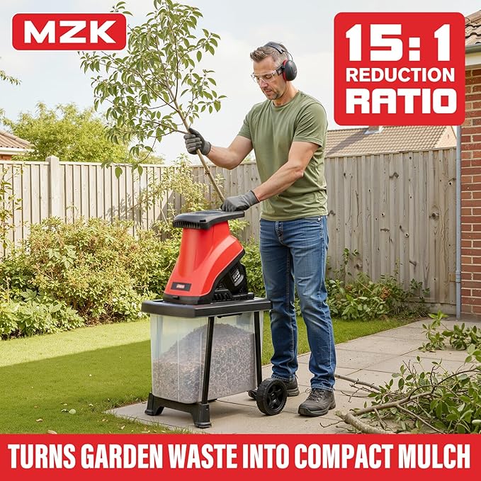 MZK 15 Amp Wood Chipper Shredder, Electric Mulcher Chipper Shredder with 55L Collecting Bin,1.8 Inch Cutting Diameter or Mulching, Composting and Yard Cleanup