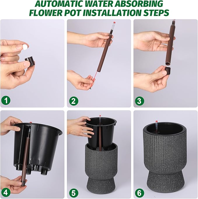 14.2" Tall Planters Set of 2, Plant Pots, Self Watering Pots for Indoor Plants, Flower Pots With Built-In Drainage and a Water Level Monitor, for Patio, Porch, Living Room, or Home Office, Black