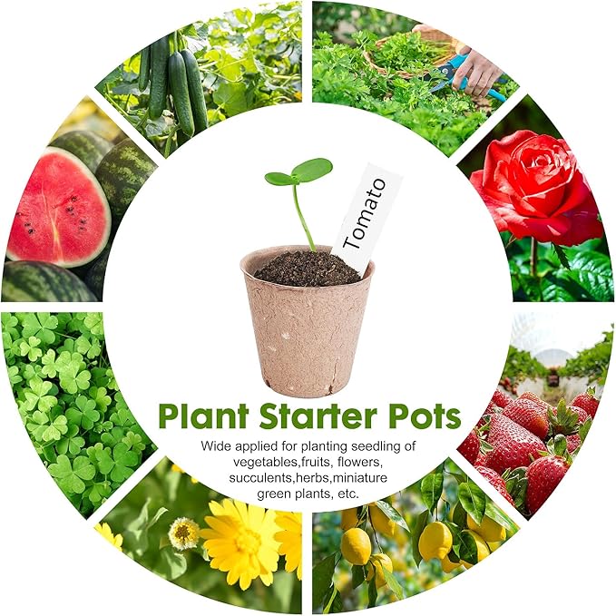 Peat Pots, 60 Pack Plant Starter Round Nursery Pot with Drainage Holes, Garden Germination Seedling Pots with 30 Plant Labels (3.15 Inch)