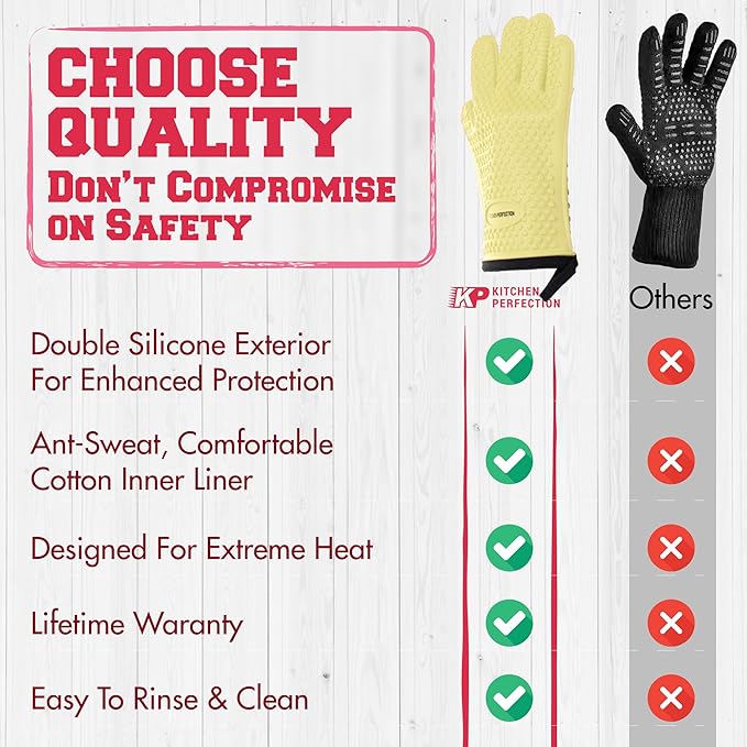 KITCHEN PERFECTION Silicone Smoker Oven Gloves For Women -Extreme Heat Resistant BBQ Gloves -Handle Hot Food Right on Your Smoker Grill Fryer|Waterproof Oven Mitts Grill Gloves |Superior Set+3 Bonuses