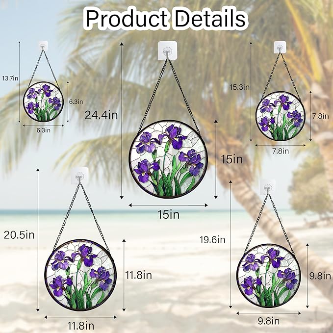 Stained Glass Window Hanging - Purple Iris Flower Sun Catcher for Door Terrace Garden Home Decor, Green Plants Suncatcher Birthday Gifts for Lovers Women Men Dad Mom Nana 15 in