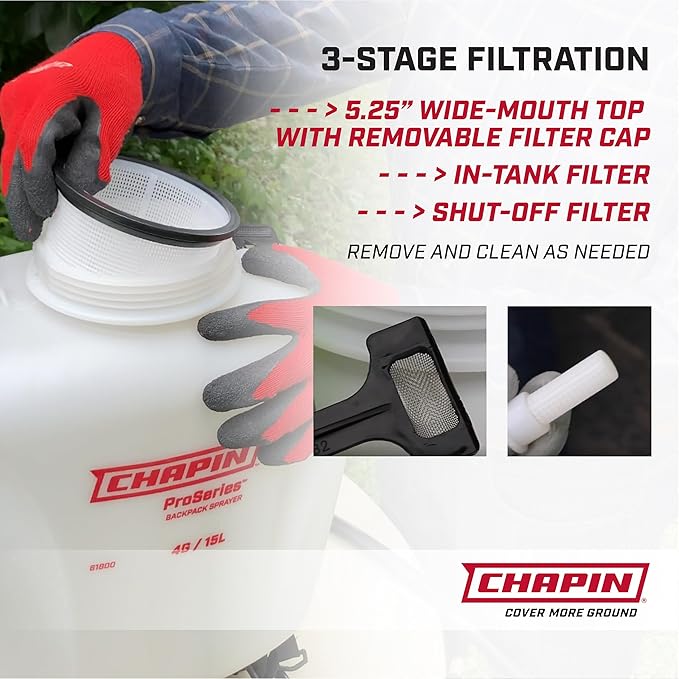 Chapin 61800 4-Gallon Made in USA Professional Backpack Sprayer with Brass Adjustable and Poly Fan/Cone Nozzles, Cushion Grip Shut-Off, 3-Stage Filtration System, Translucent White