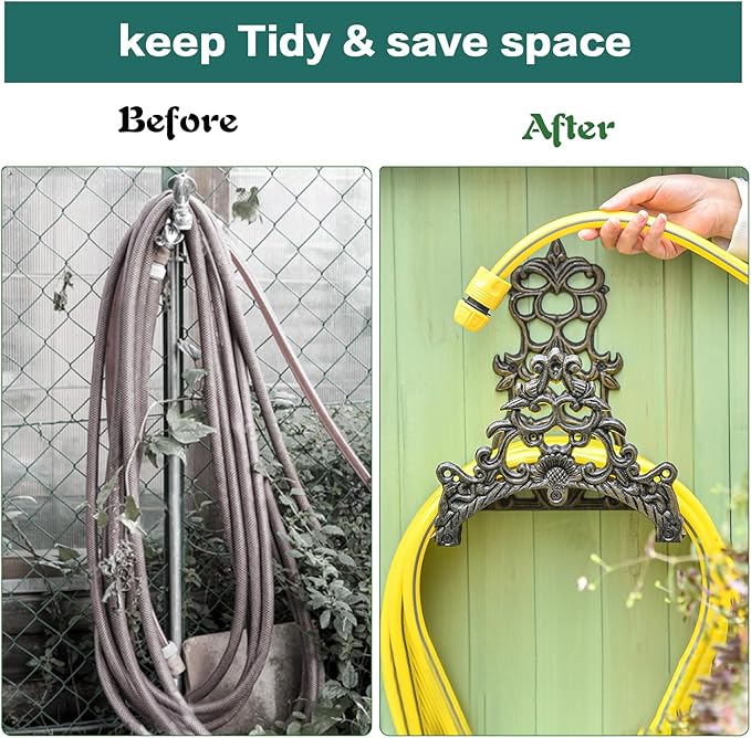 Sungmor Heavy Duty Cast Iron Garden Hose Holder - Wall Mounted Water Hose Hanger - Antique Emblem Decorative Hose Reel - Water Hose Rack Butler Storage - Two Installation Methods Wall Decor Holder